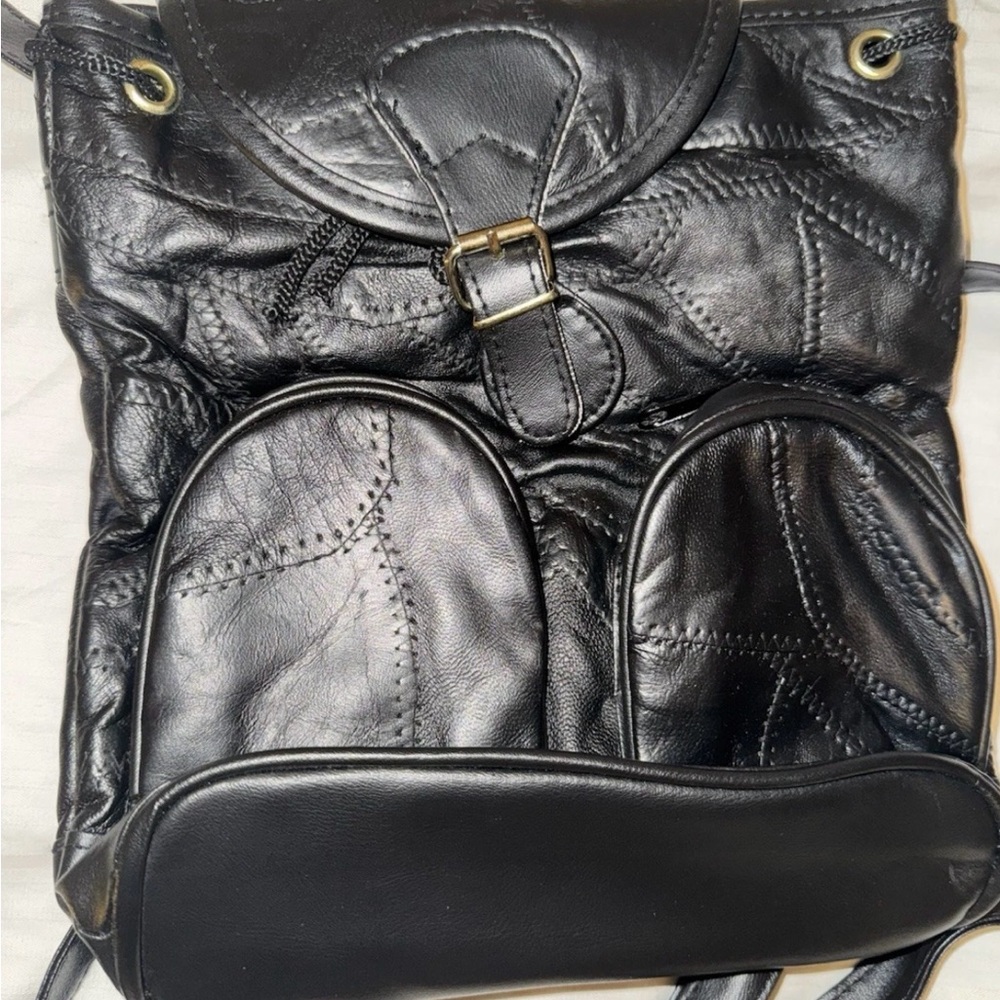 Small Black Real Leather Backpack Purse